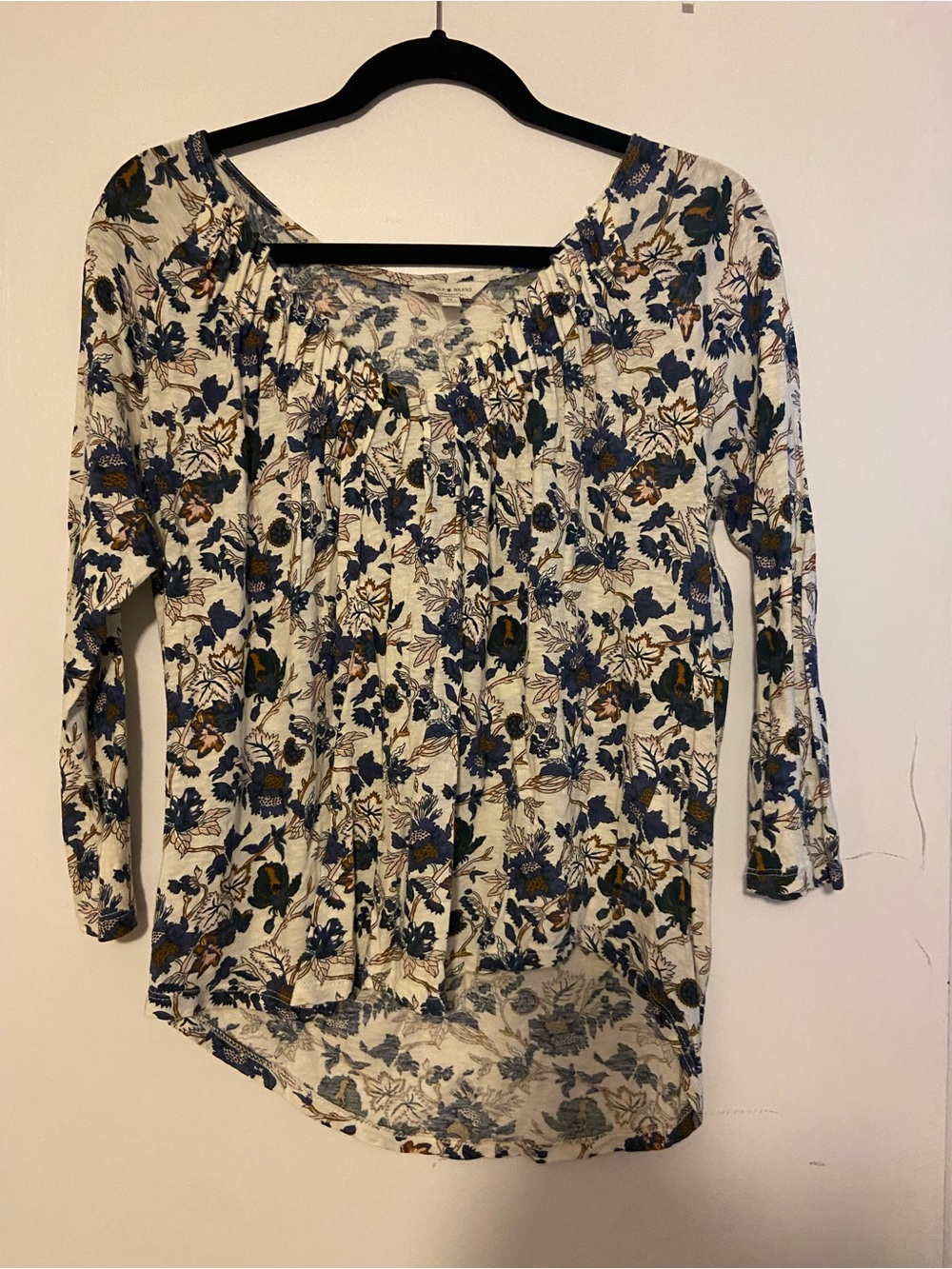Floral V Neck Peasant Top - Cream and Blue